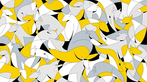 Abstract geometric birds pattern in white, yellow, gray, and black by Joseph Carrington