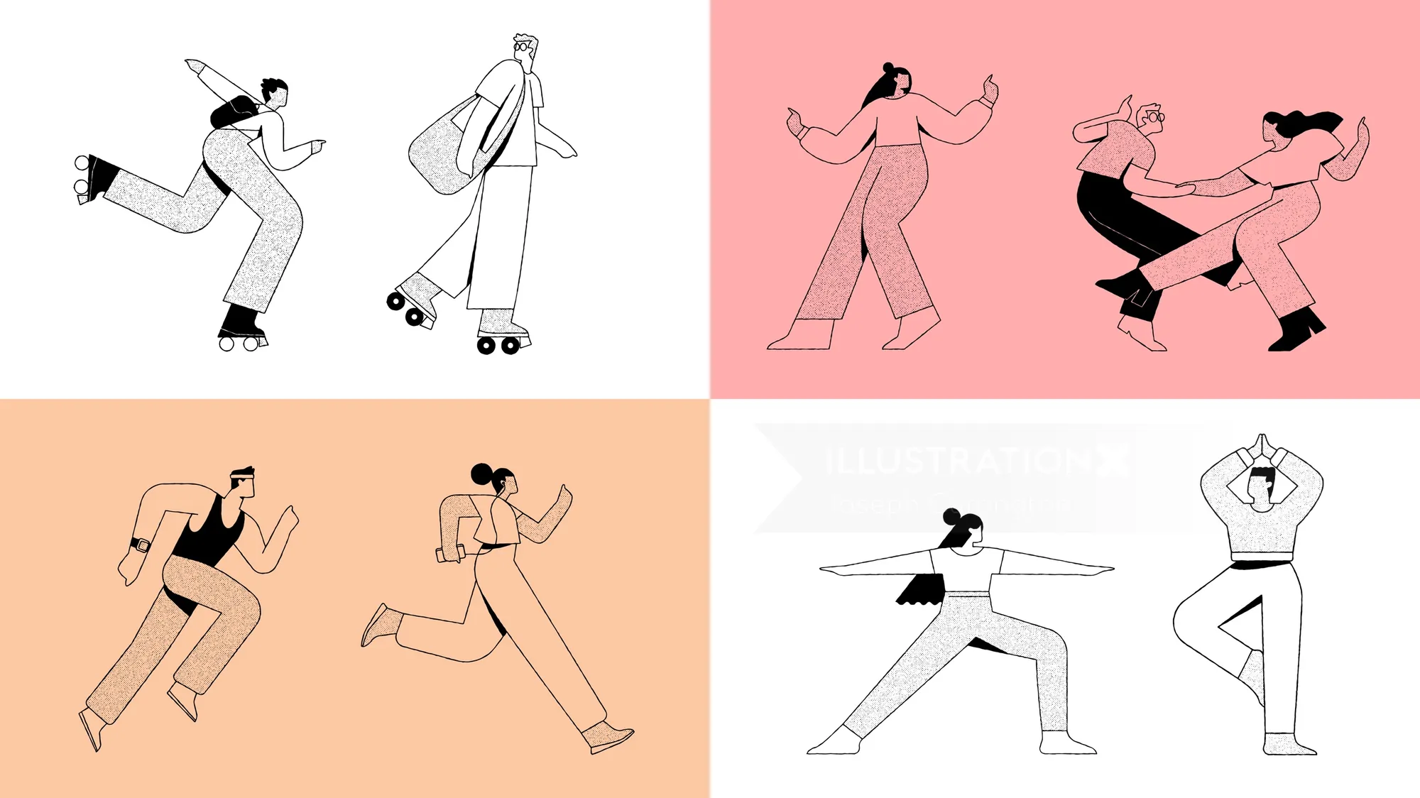 Illustration of people exercising in four panels by Joseph Carrington