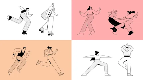 Illustration of people exercising in four panels by Joseph Carrington