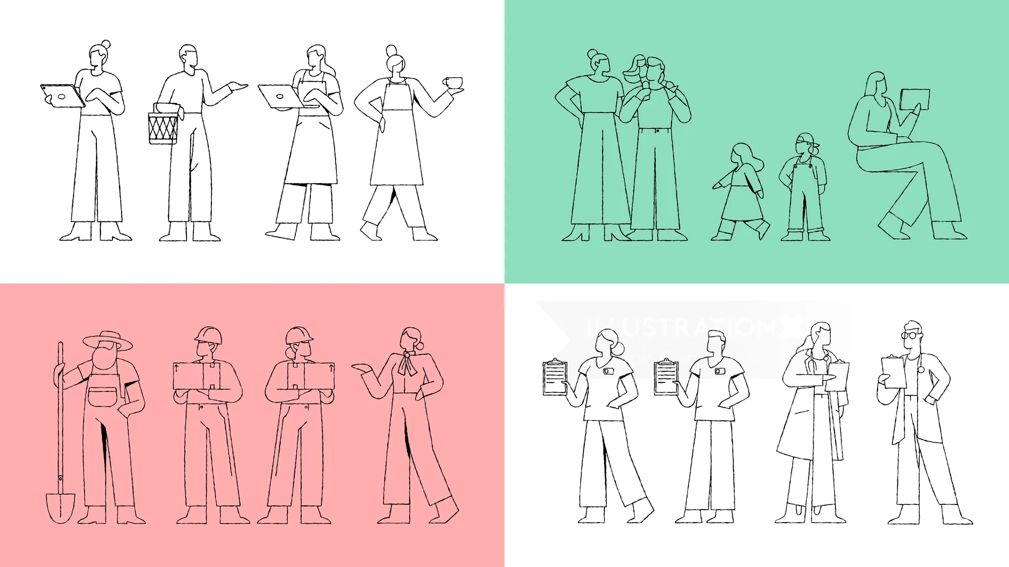 Line art of people in various poses and outfits by Joseph Carrington
