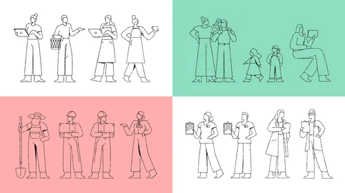 Line art of people in various poses and outfits by Joseph Carrington