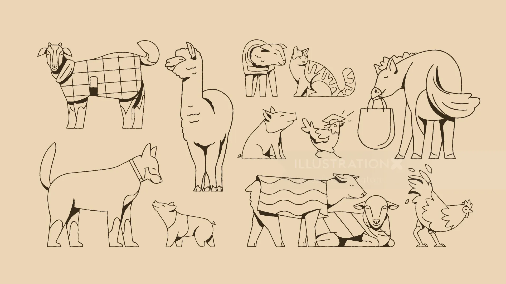 Line art of various farm animals by Joseph Carrington