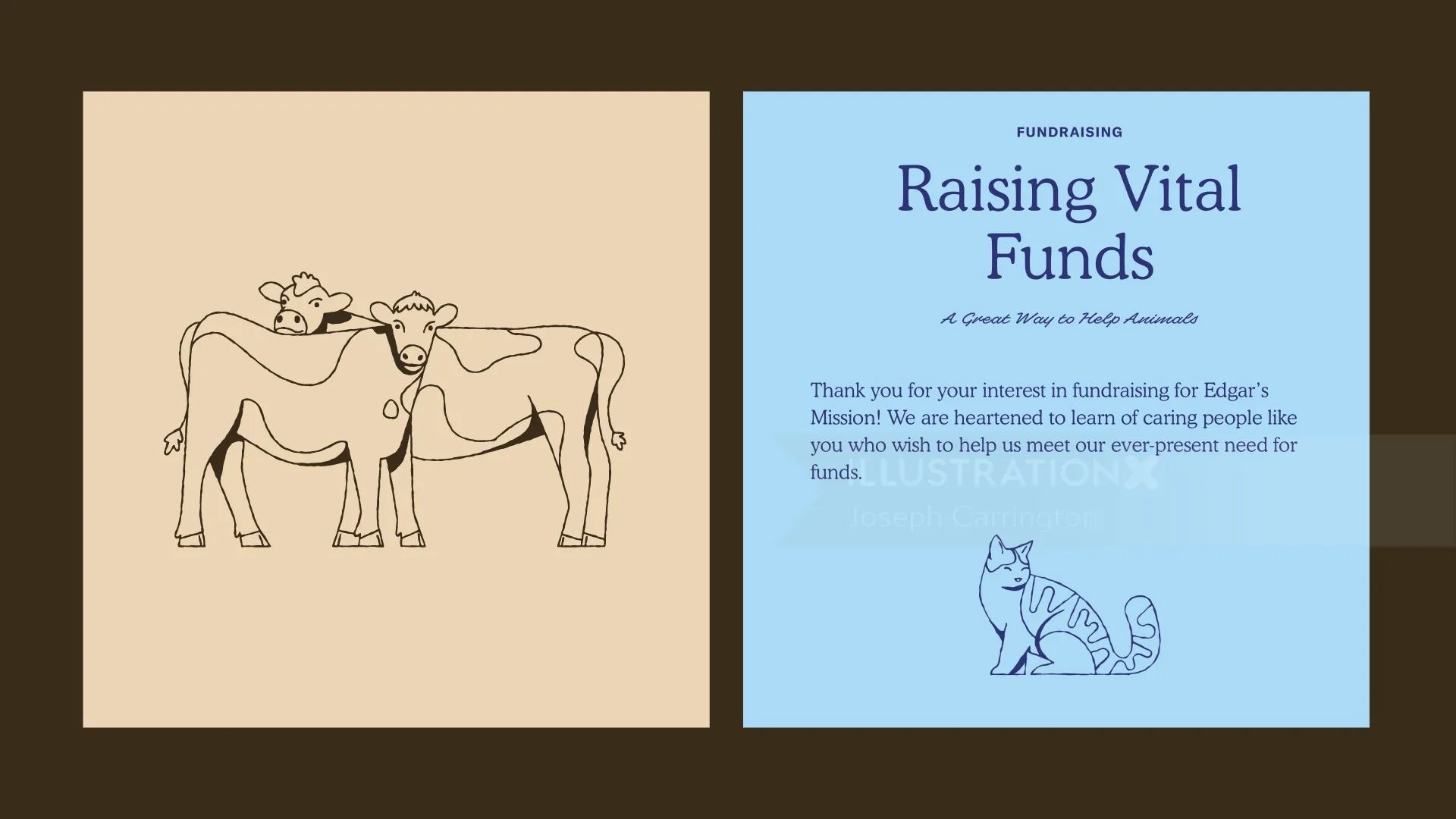 Line drawing of cow and calf next to fundraising note by Joseph Carrington