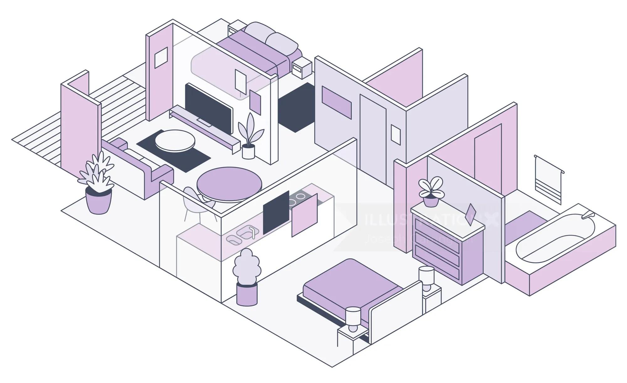 Isometric apartment layout with living room, kitchen, and bedroom by Joseph Carrington