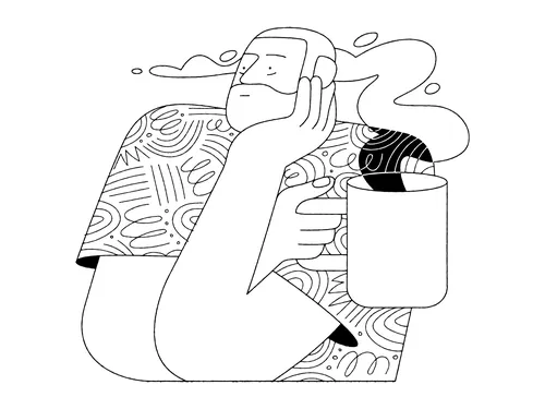 Line drawing of a man holding a steaming coffee cup by Joseph Carrington