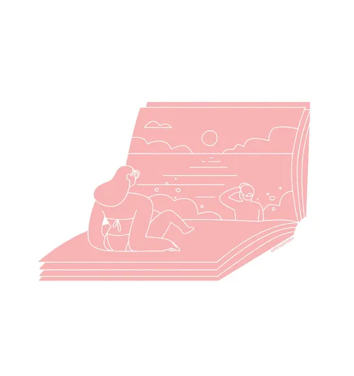 Illustration of two people on a large book page under a pink sky by Joseph Carrington