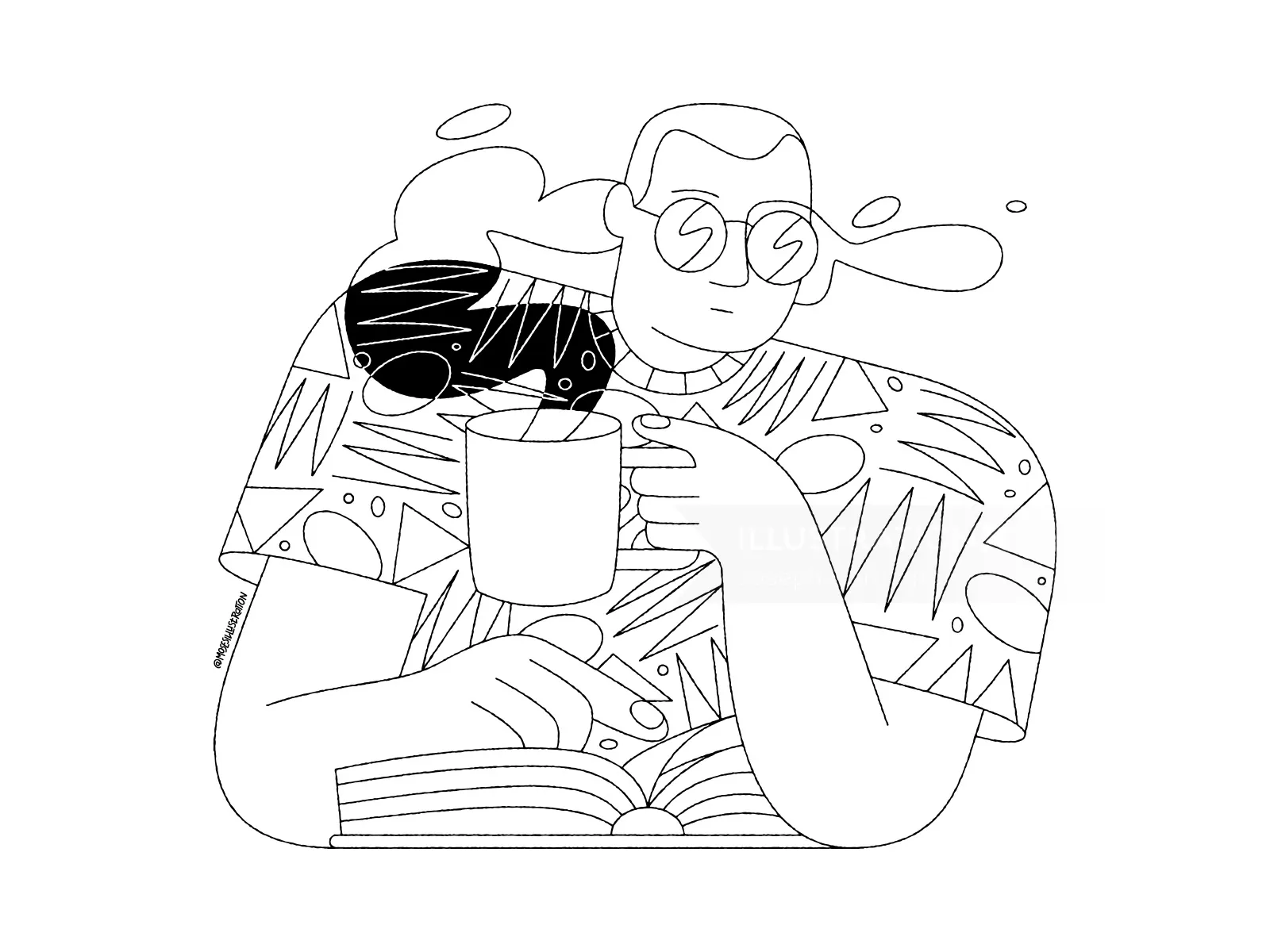 Line drawing of a person reading a book and holding a steaming coffee mug by Joseph Carrington