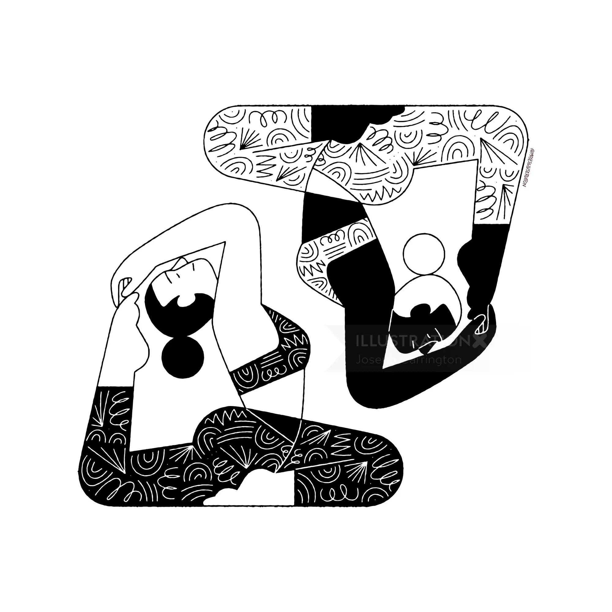 Abstract yoga figures with patterned black and white designs by Joseph Carrington
