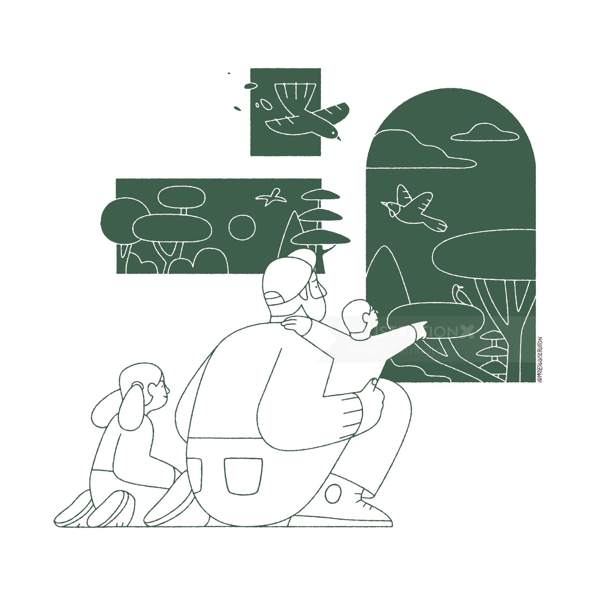 Parent and children birdwatching with framed nature scenes, line art by Joseph Carrington