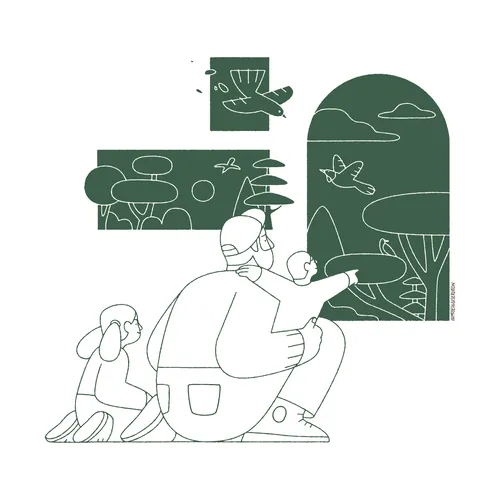 Parent and children birdwatching with framed nature scenes, line art by Joseph Carrington