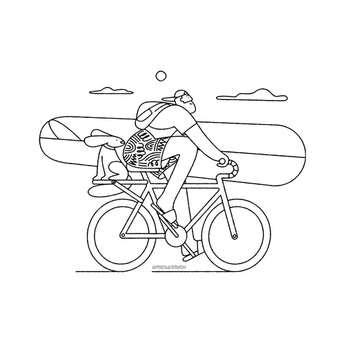 Line drawing of a woman cycling with a dog on the back by Joseph Carrington