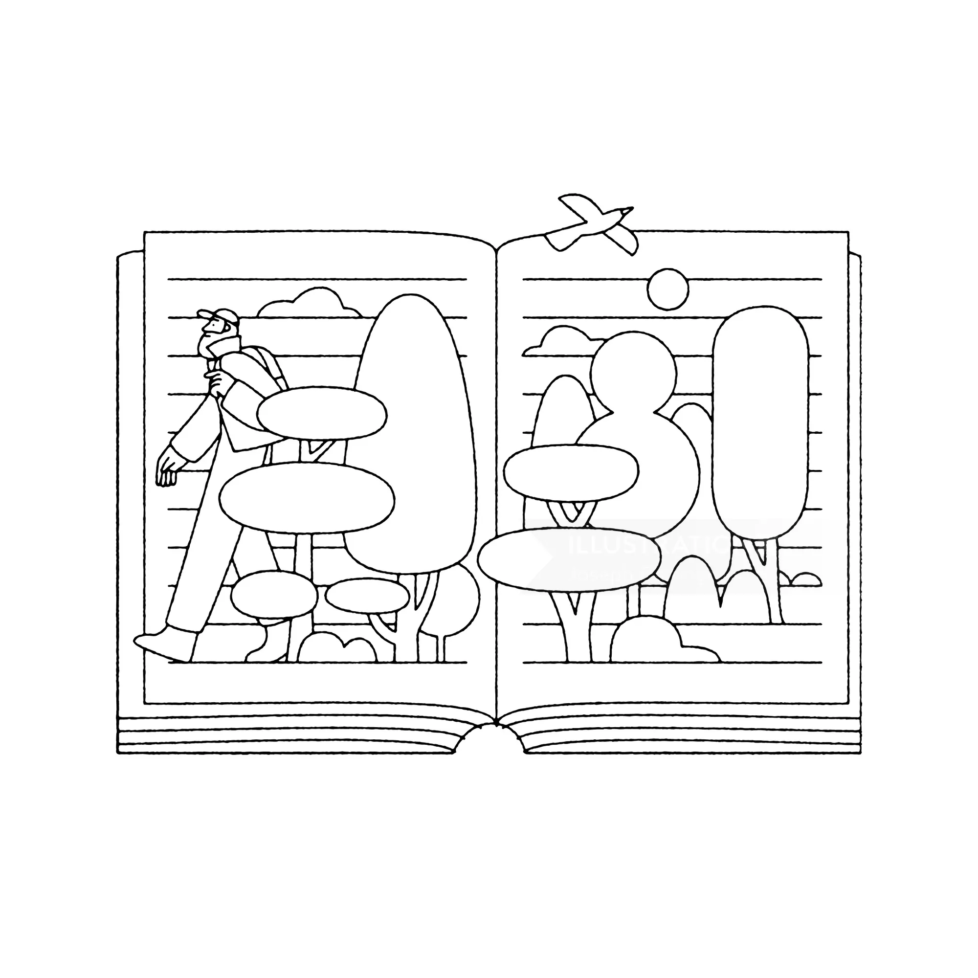 Line drawing of person walking through trees in an open book by Joseph Carrington