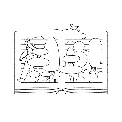 Line drawing of person walking through trees in an open book by Joseph Carrington