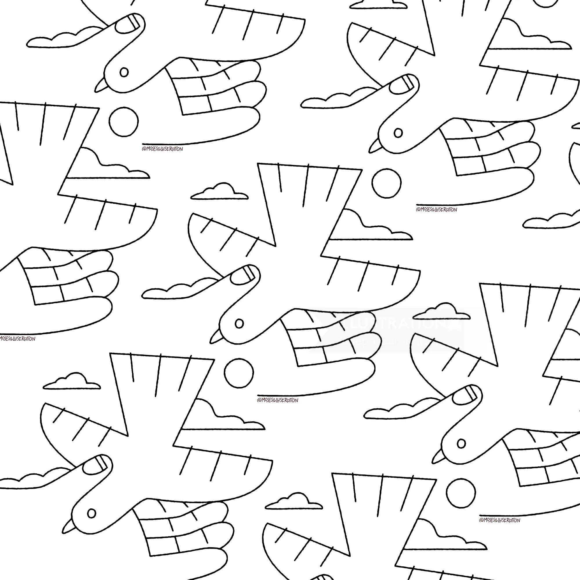 Black and white stylized bird pattern with clouds and suns by Joseph Carrington