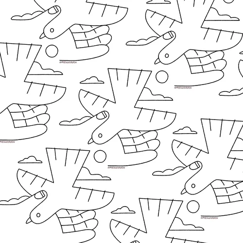 Black and white stylized bird pattern with clouds and suns by Joseph Carrington