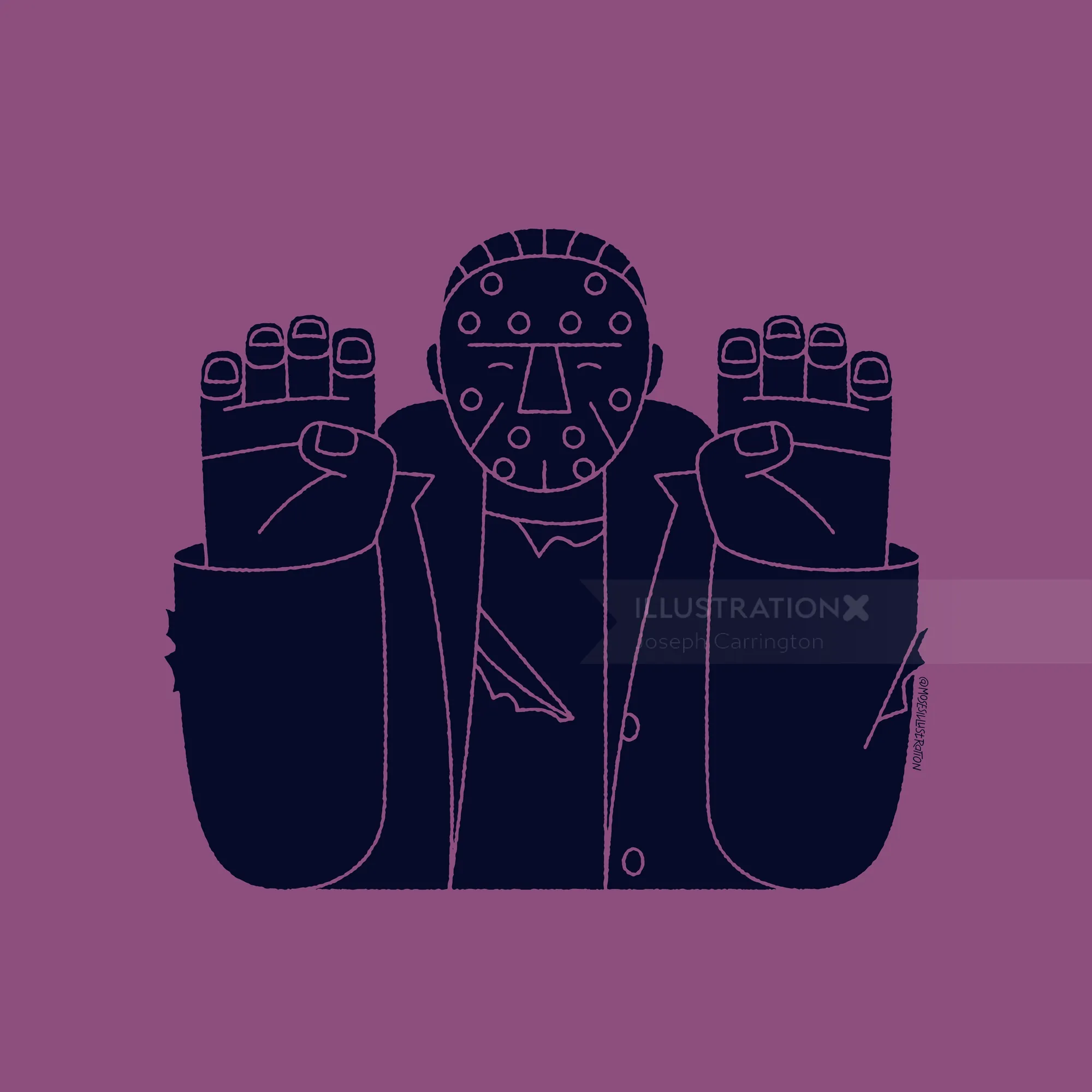 Minimalist masked figure in torn jacket with raised hands by Joseph Carrington