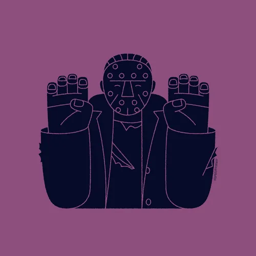 Minimalist masked figure in torn jacket with raised hands by Joseph Carrington