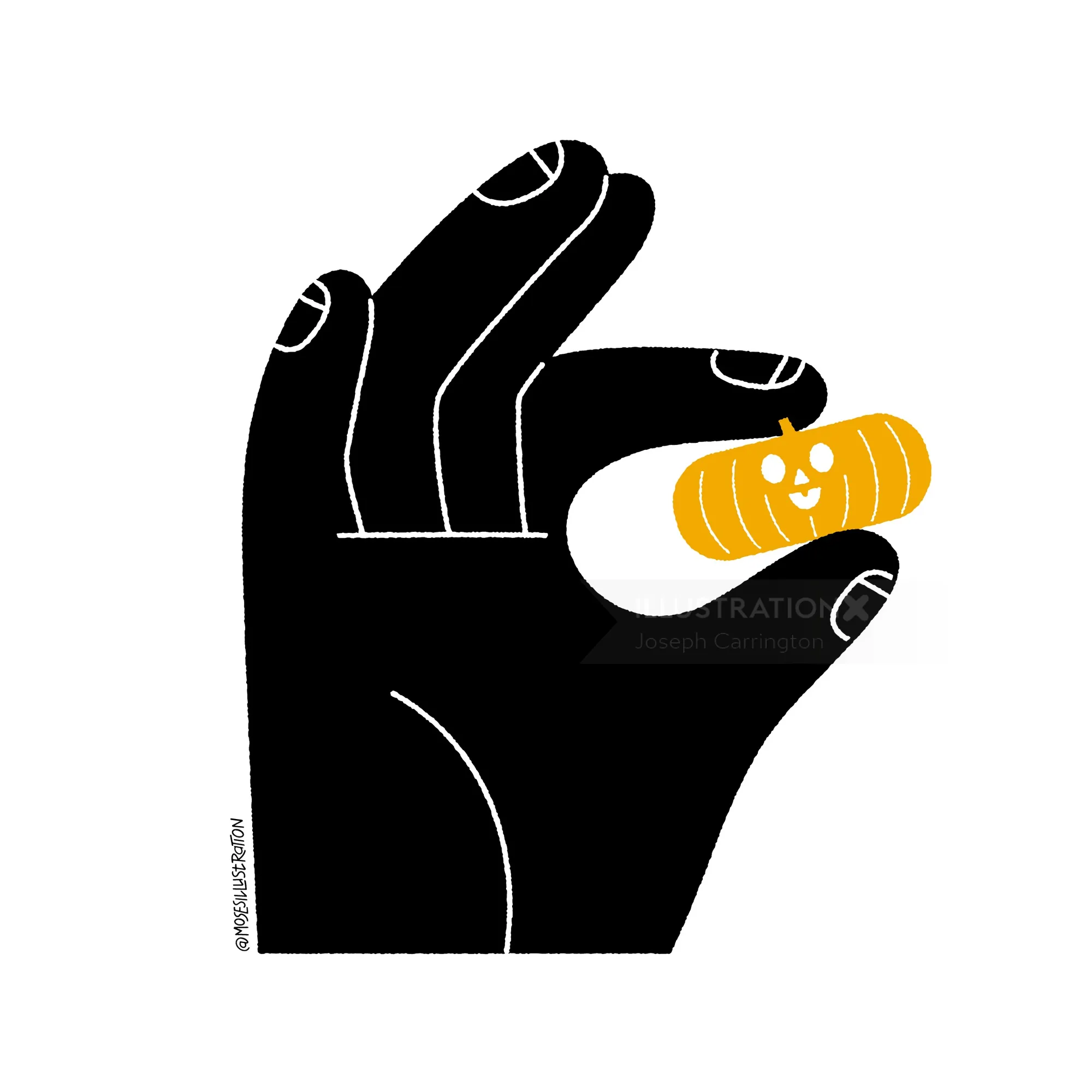 Black hand holding orange pumpkin capsule illustration by Joseph Carrington