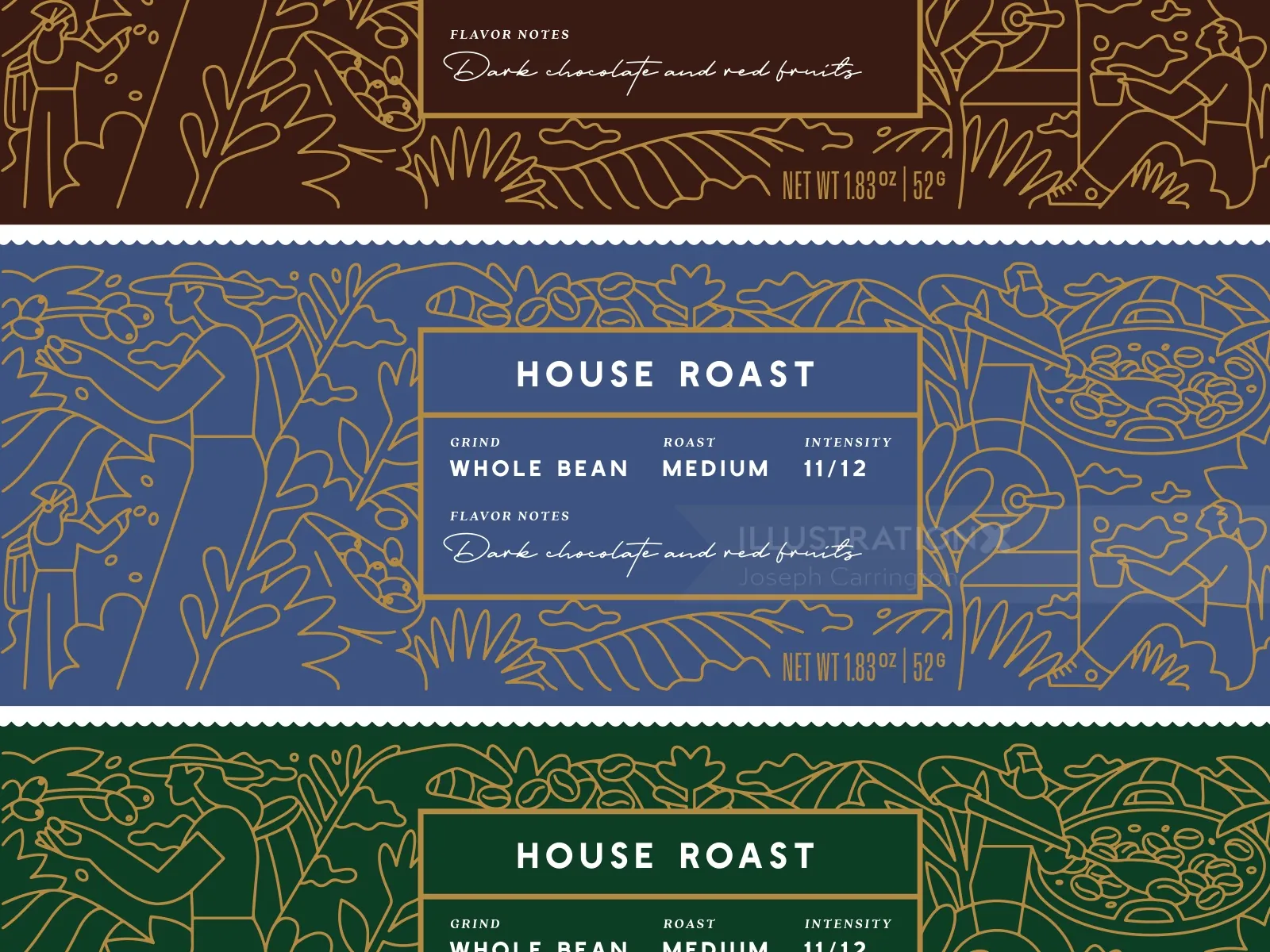 House Roast coffee packages with leaf patterns by Joseph Carrington