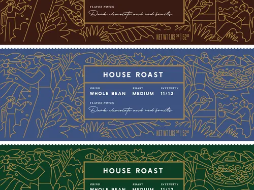 House Roast coffee packages with leaf patterns by Joseph Carrington