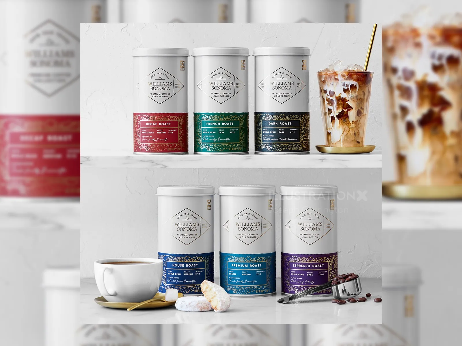 Stacked coffee creamer cans with cup and iced coffee by Joseph Carrington