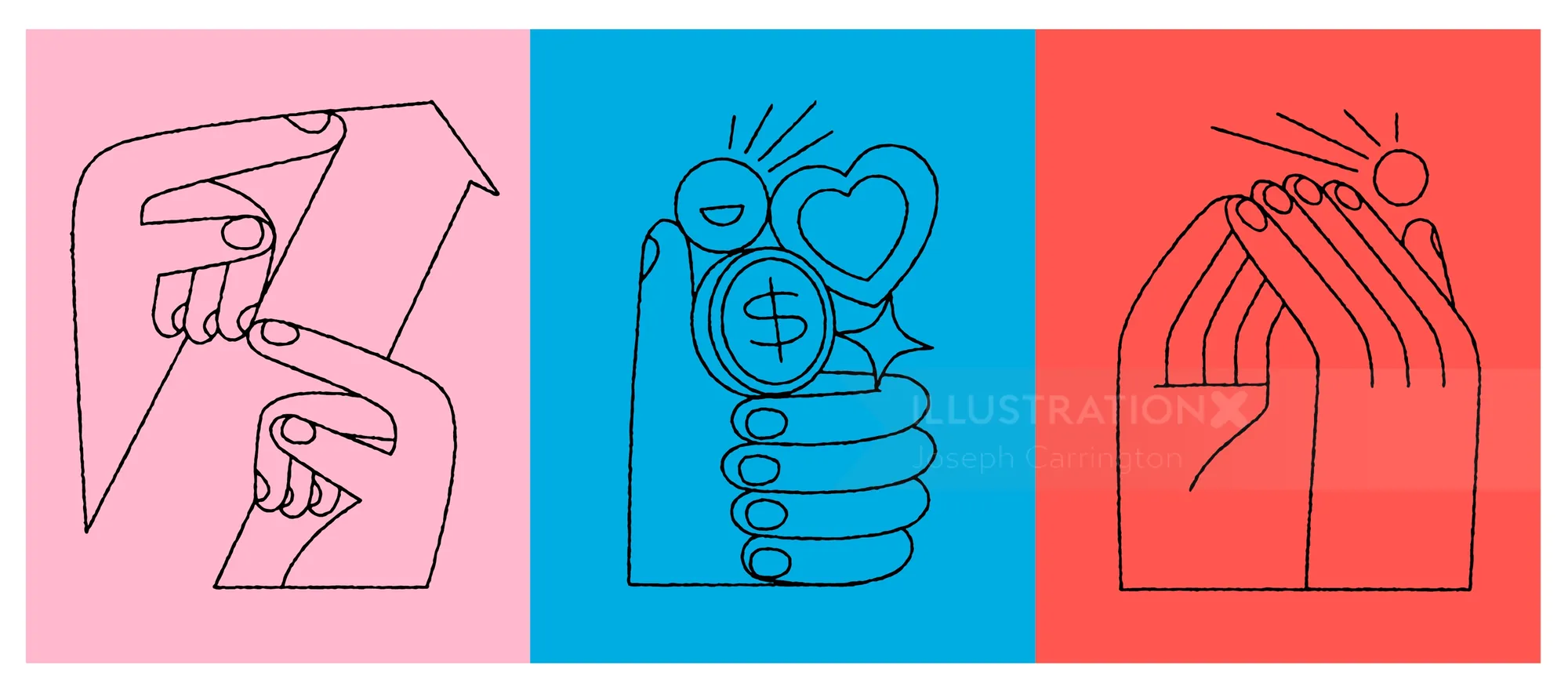 Minimalist line art of hands and symbols with colorful backgrounds by Joseph Carrington
