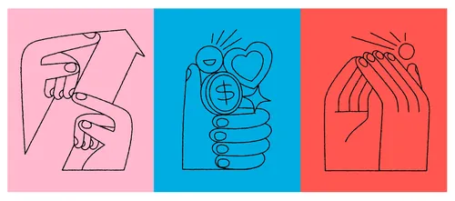 Minimalist line art of hands and symbols with colorful backgrounds by Joseph Carrington