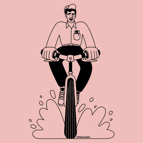 Line drawing of a man riding a bike splashing water by Joseph Carrington