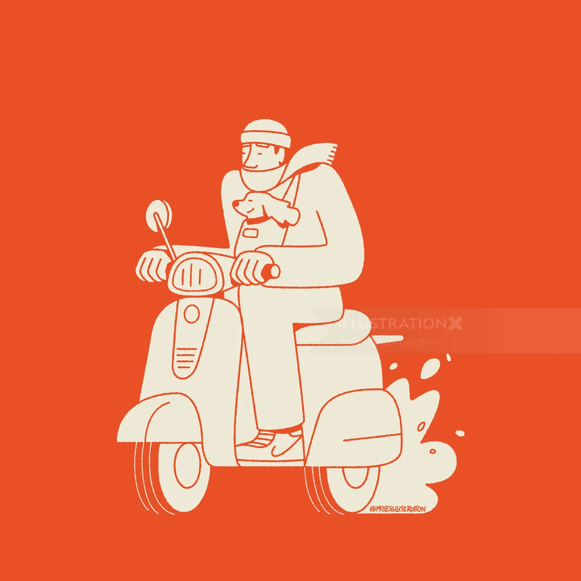 Man riding a scooter holding a dog illustration by Joseph Carrington