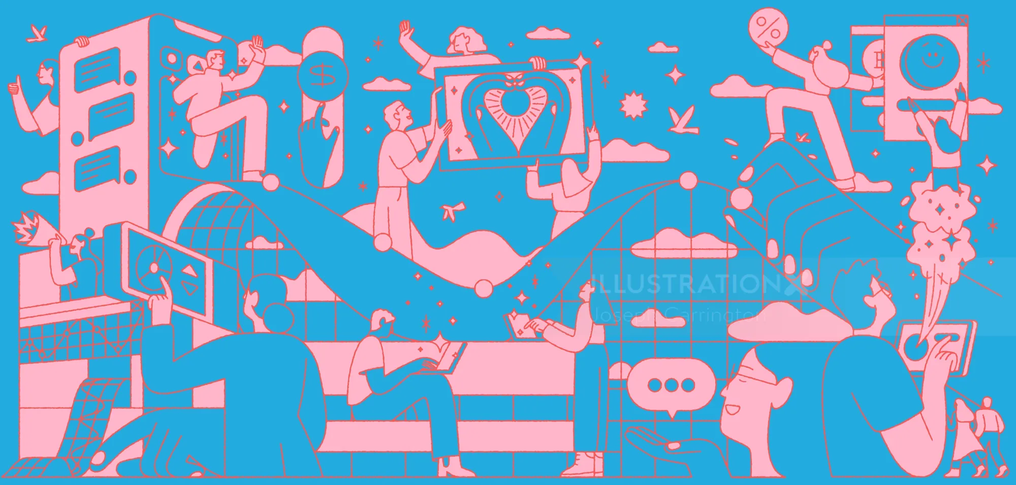 Abstract figurative artwork with dynamic pink figures on blue background by Joseph Carrington