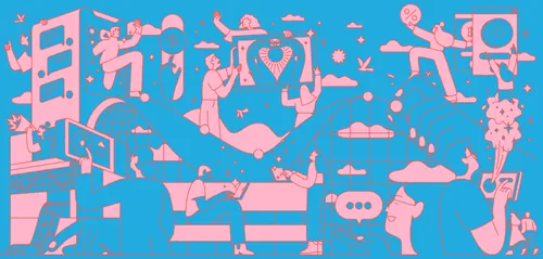 Abstract figurative artwork with dynamic pink figures on blue background by Joseph Carrington