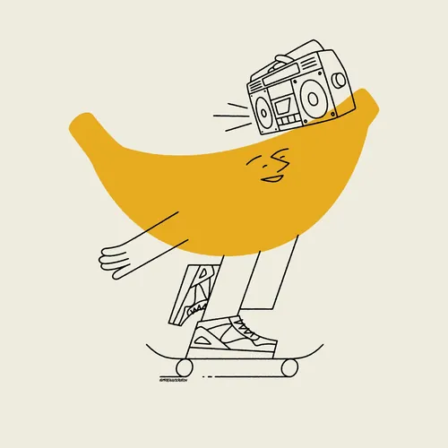 Banana with legs skateboarding and carrying a boombox, illustrated by Joseph Carrington