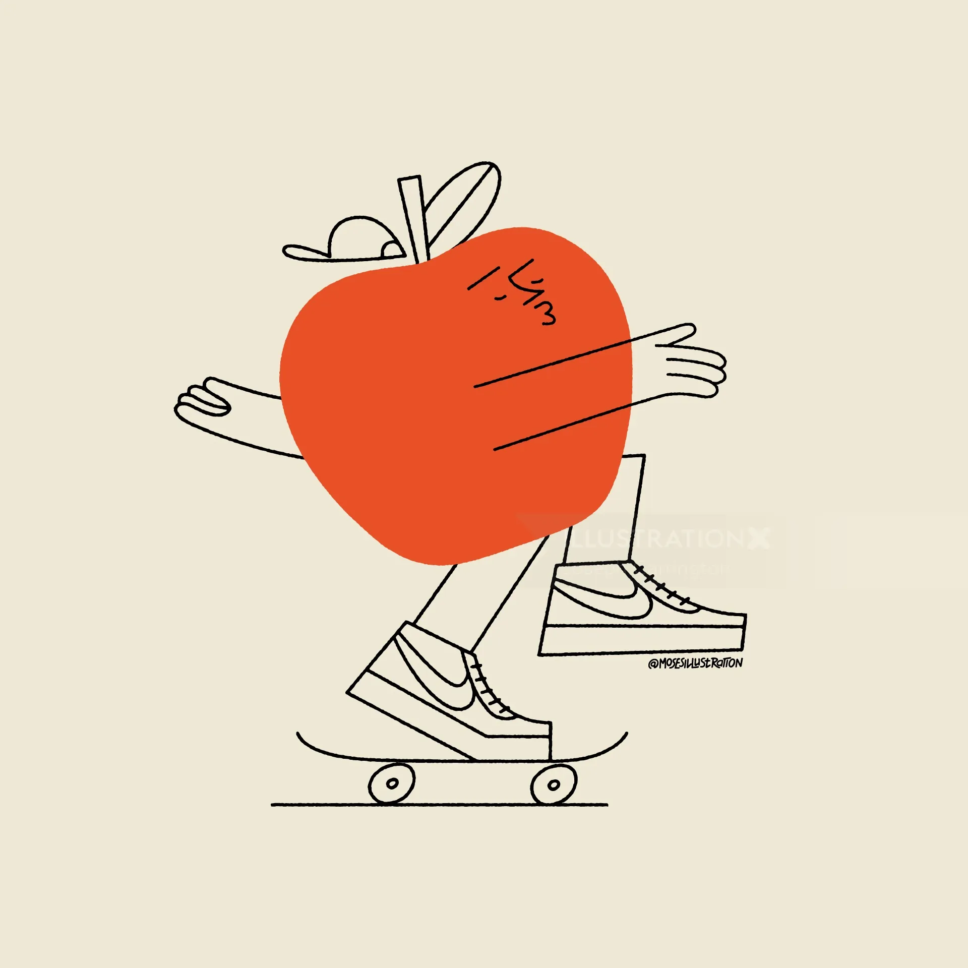 Apple character skateboarding wearing sneakers by Joseph Carrington