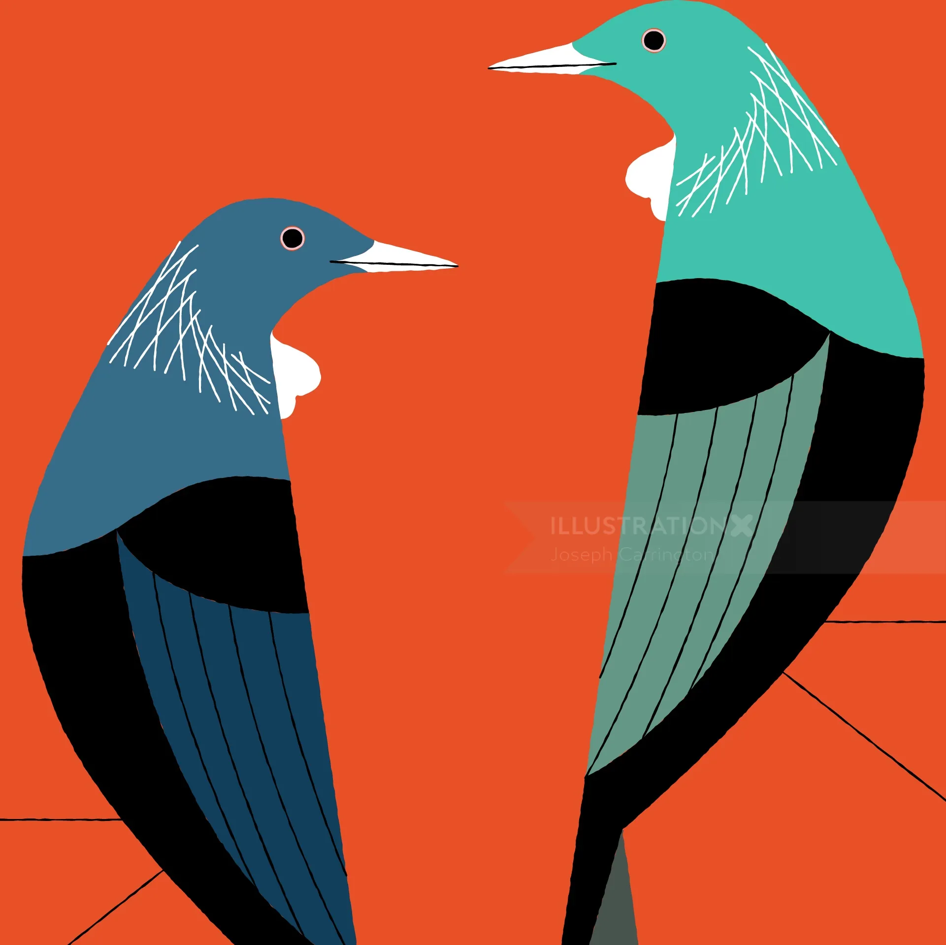 Minimalist stylized birds in blue and teal on orange background by Joseph Carrington