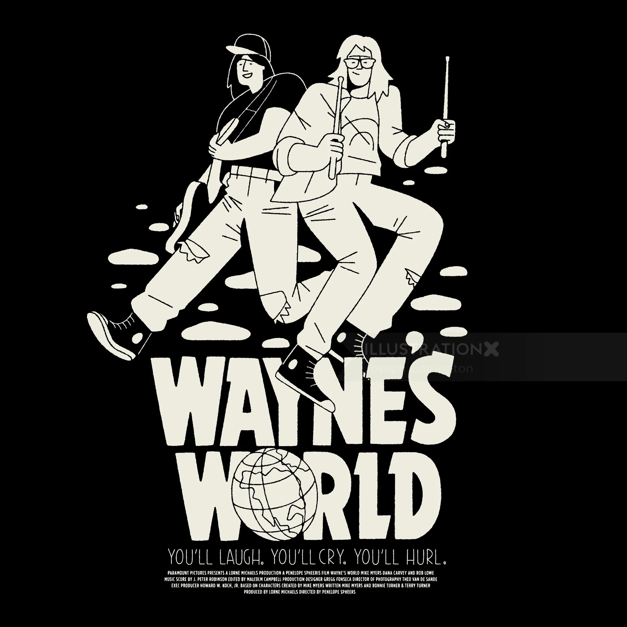 Black and white Wayne's World illustration by Joseph Carrington