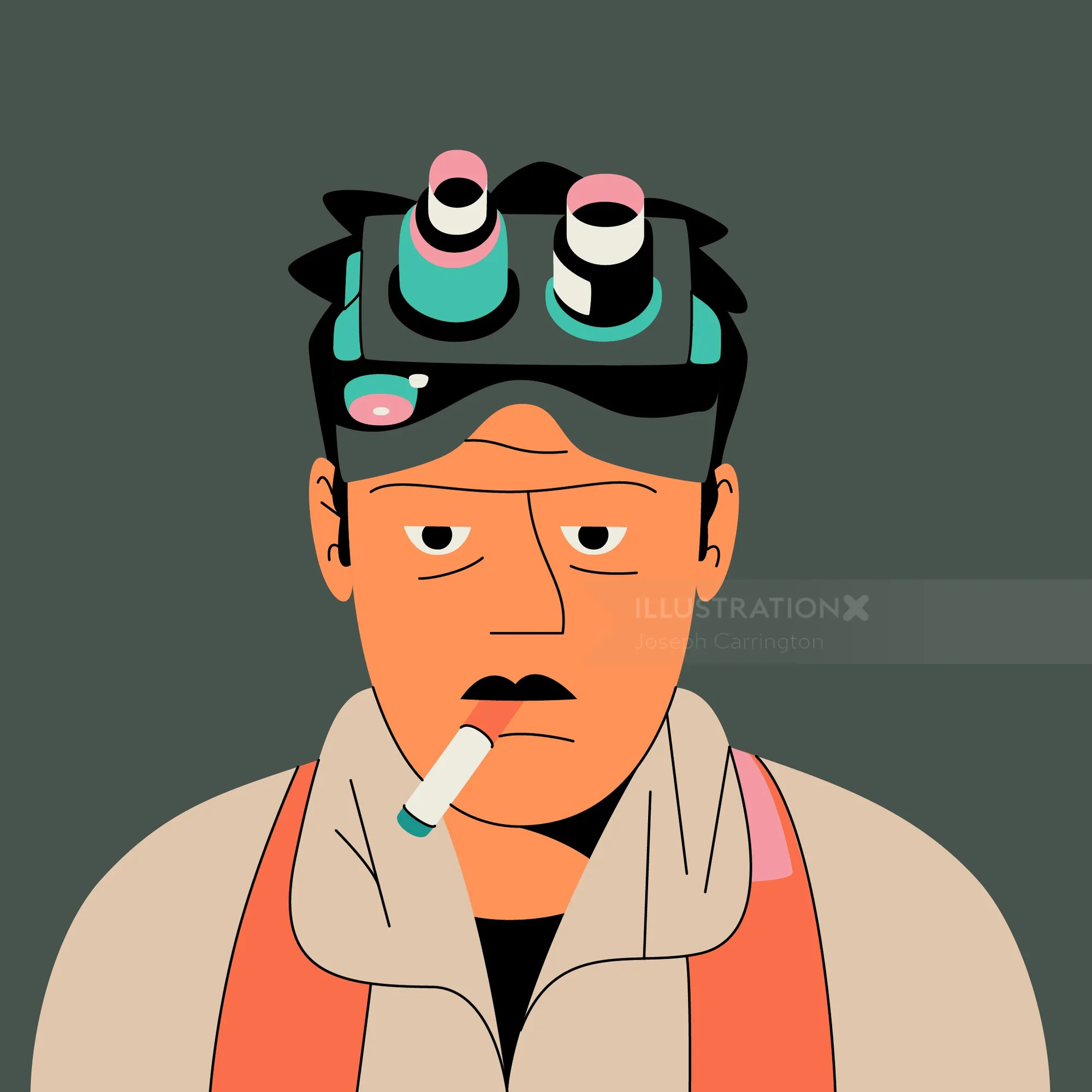 Illustration of a man with binoculars on head and cigarette by Joseph Carrington