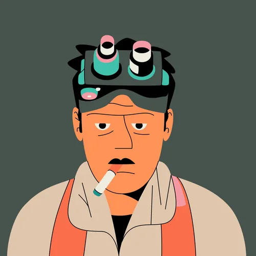 Illustration of a man with binoculars on head and cigarette by Joseph Carrington