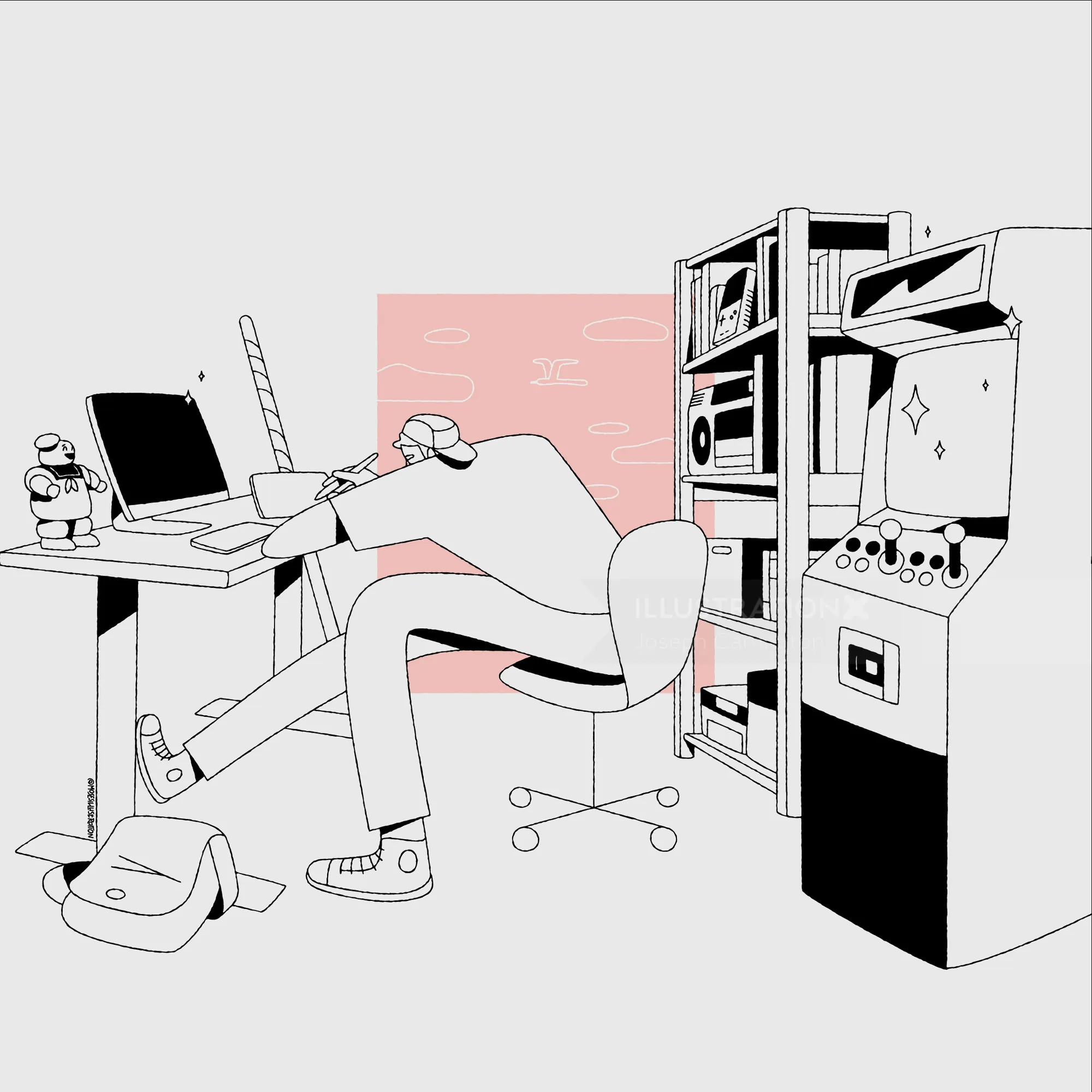 Person leaning back on chair at desk with laptop, bookshelves, and arcade machine by Joseph Carringt