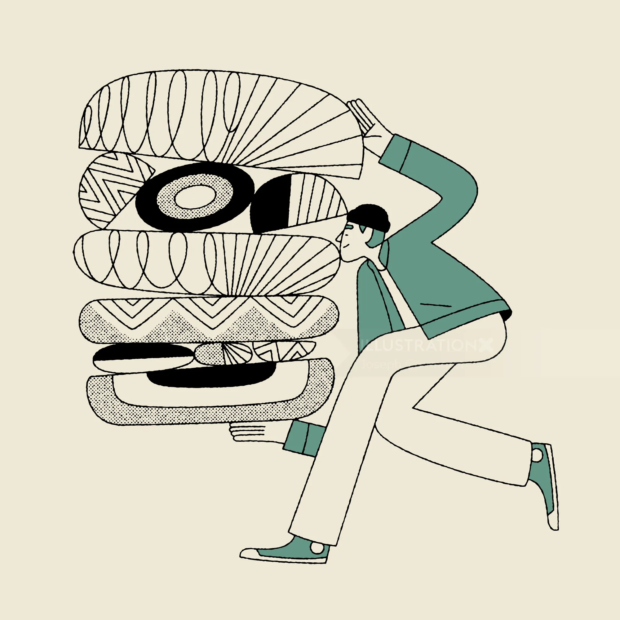 Illustration of a man balancing a stack of patterned pillows by Joseph Carrington