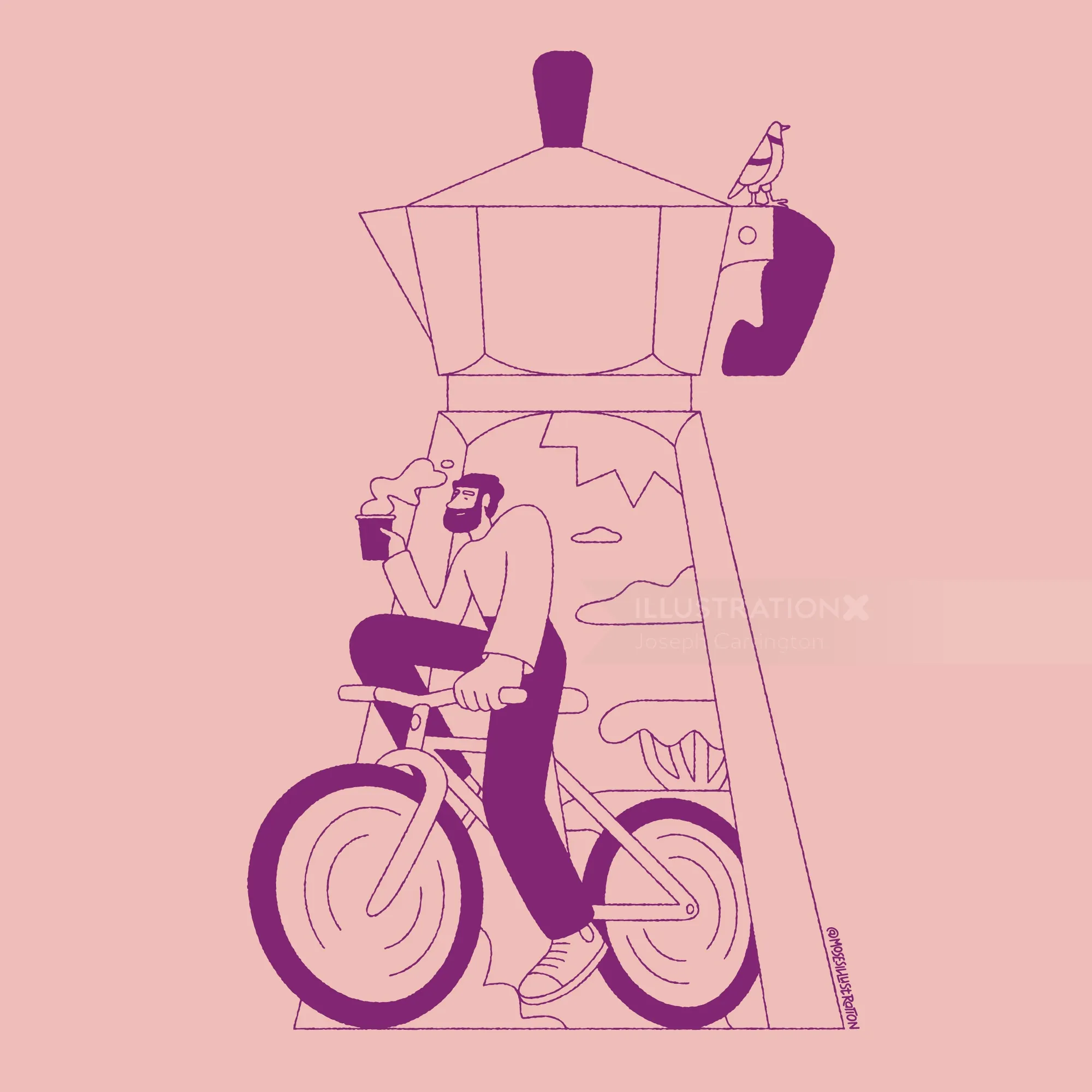 Drawing of man on bicycle drinking coffee near large coffee maker by Joseph Carrington