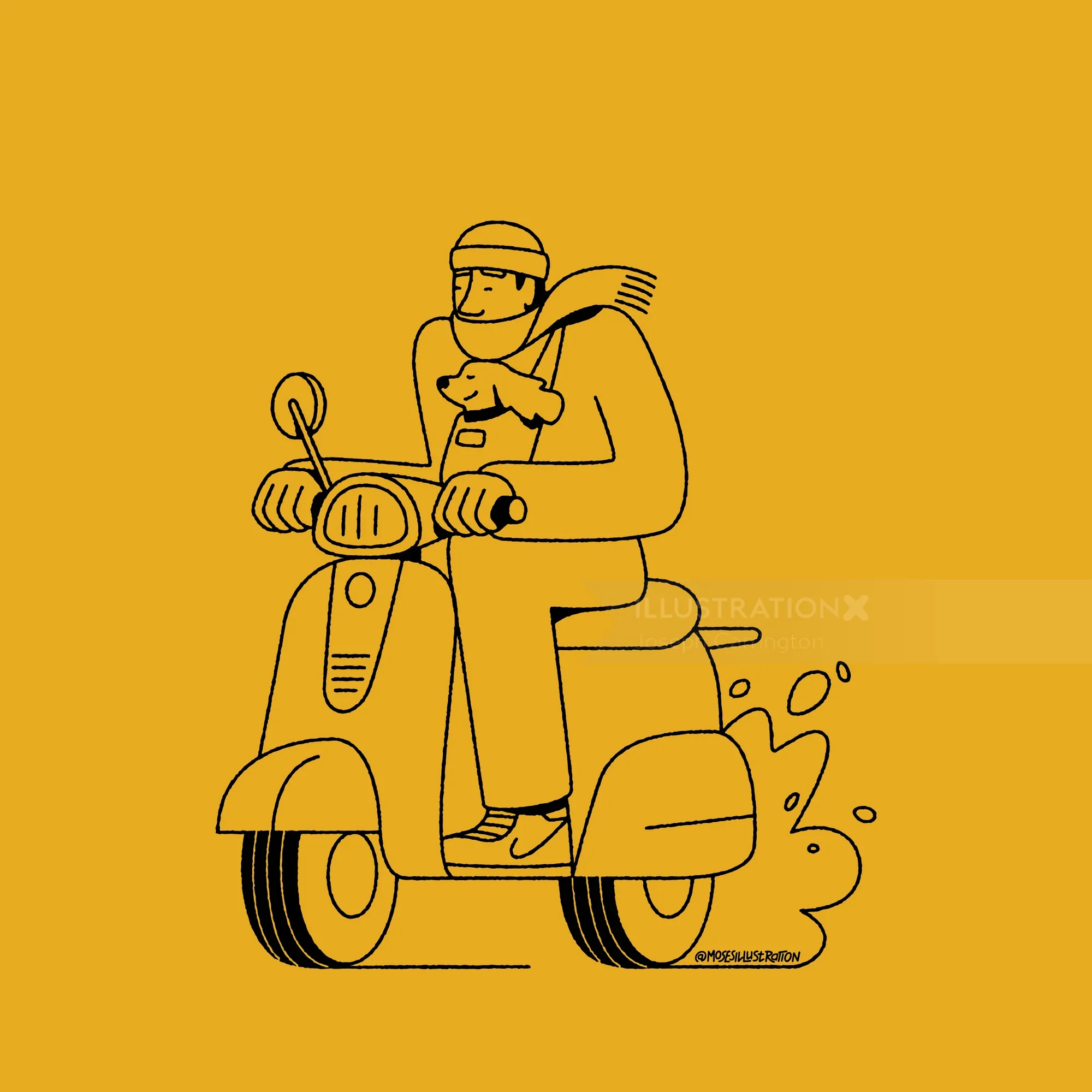 Man riding scooter holding a dog, illustration by Joseph Carrington
