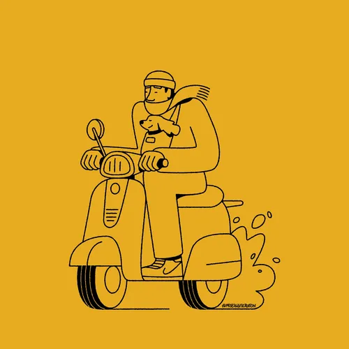 Man riding scooter holding a dog, illustration by Joseph Carrington