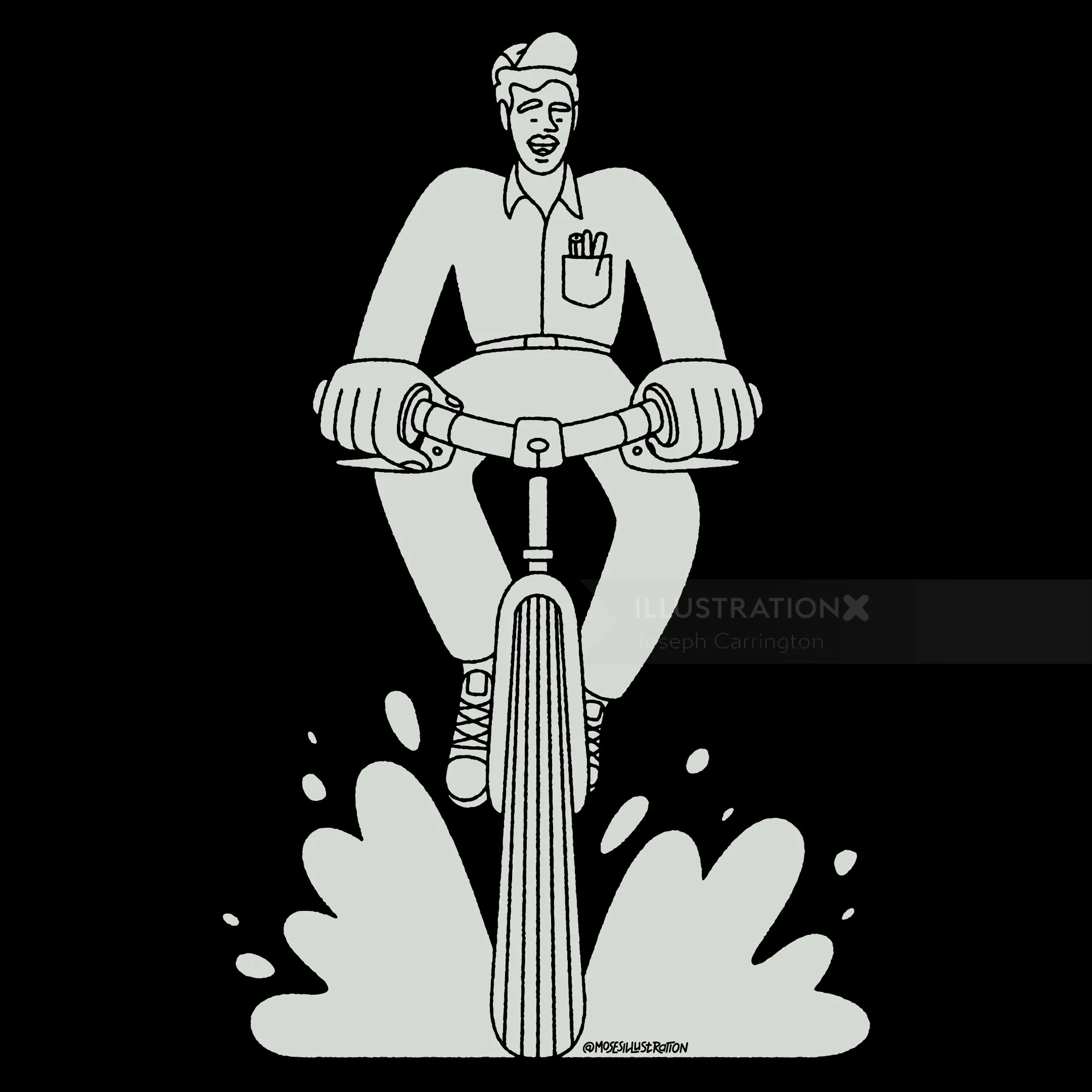 Man riding bicycle splashing water illustration by Joseph Carrington