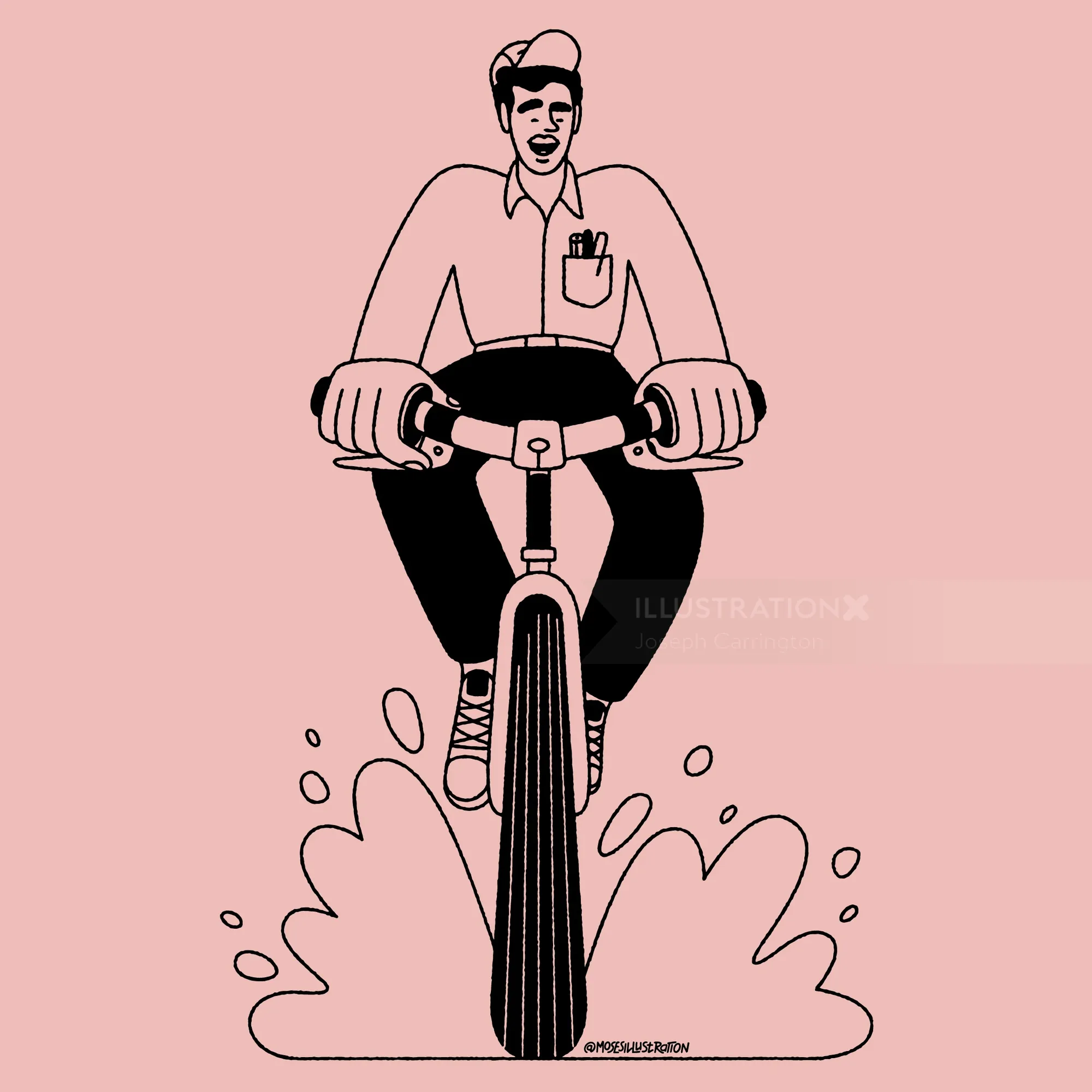 Line drawing of man riding bicycle splashing water by Joseph Carrington