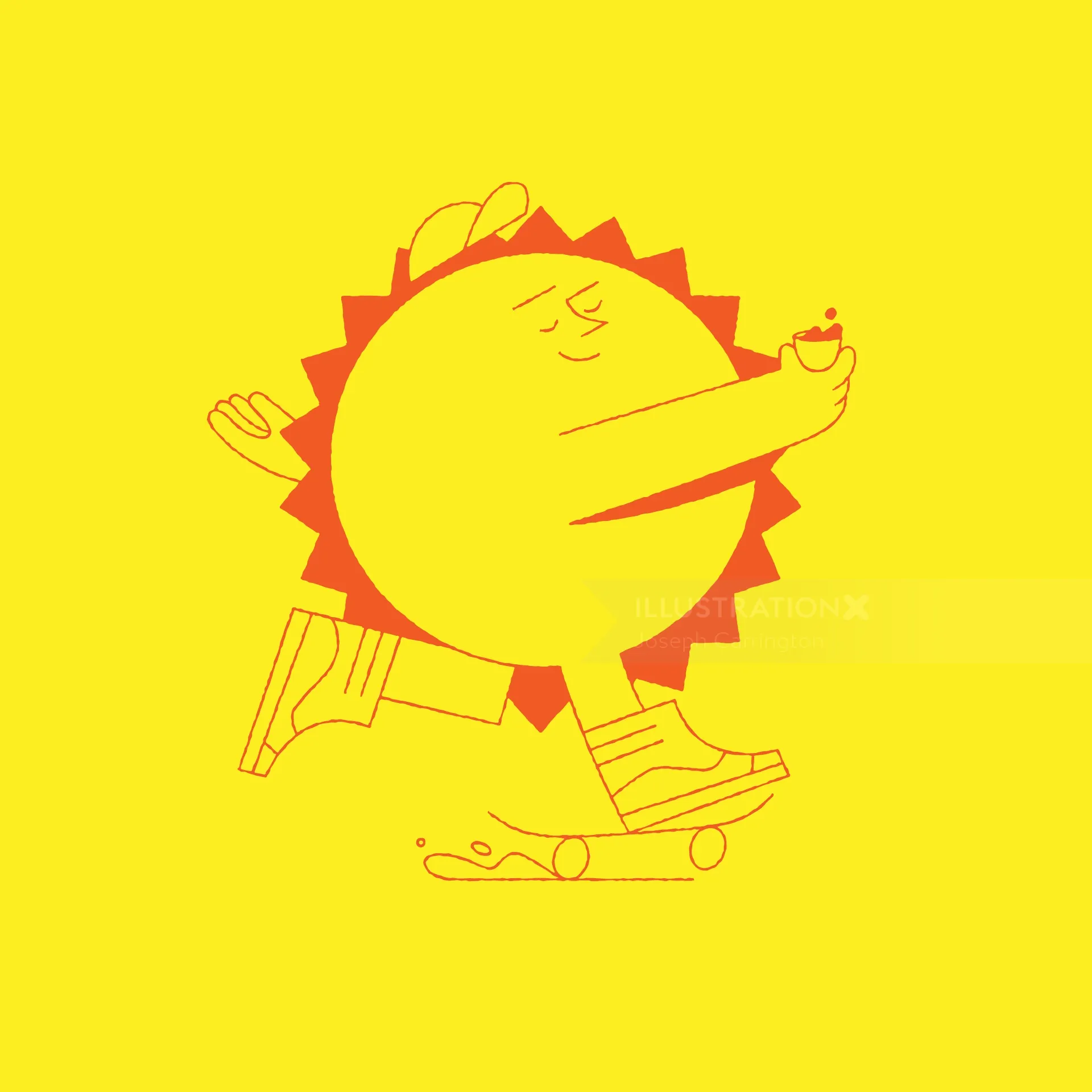 Skateboarding sun character with shoes on a yellow background by Joseph Carrington