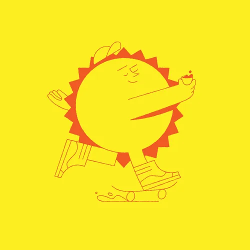 Skateboarding sun character with shoes on a yellow background by Joseph Carrington