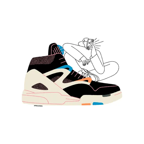 Joseph Carrington illustration of colorful sneakers and a reclining person