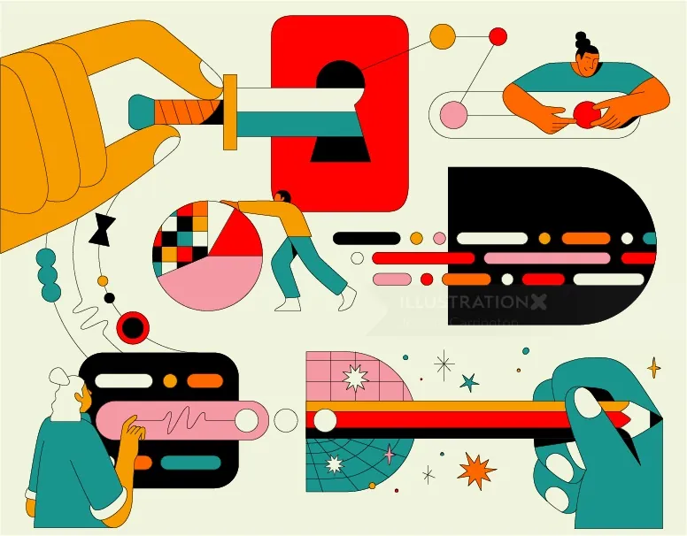 Abstract colorful geometric shapes and illustrative figures in modern style