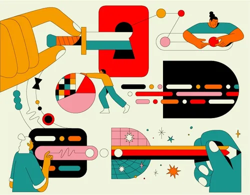 Abstract colorful geometric shapes and illustrative figures in modern style