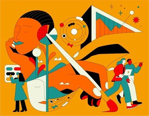 Abstract colorful illustration with people, art tools, and technology icons